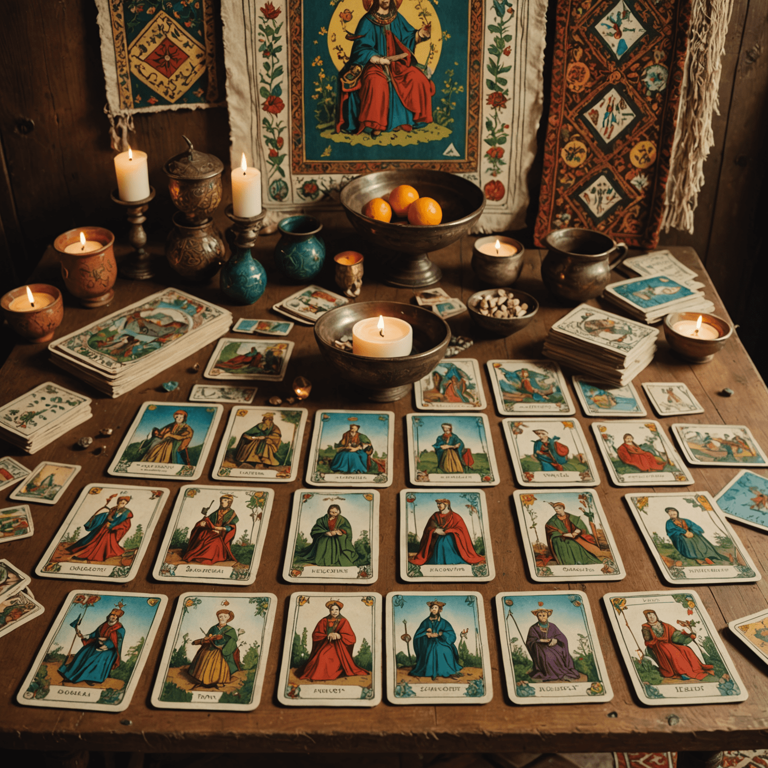 Hagyományos magyar tarot kártyák kiterítve egy antik asztalon, háttérben magyar népművészeti motívumokkal díszített faliszőnyeg